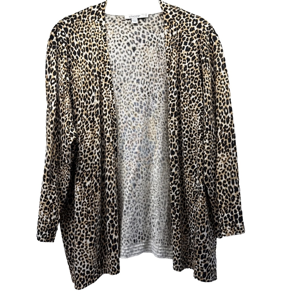 Chicos Women's Cardigan Size Large Black Brown Leopard Animal 3/4 Sleeves Open